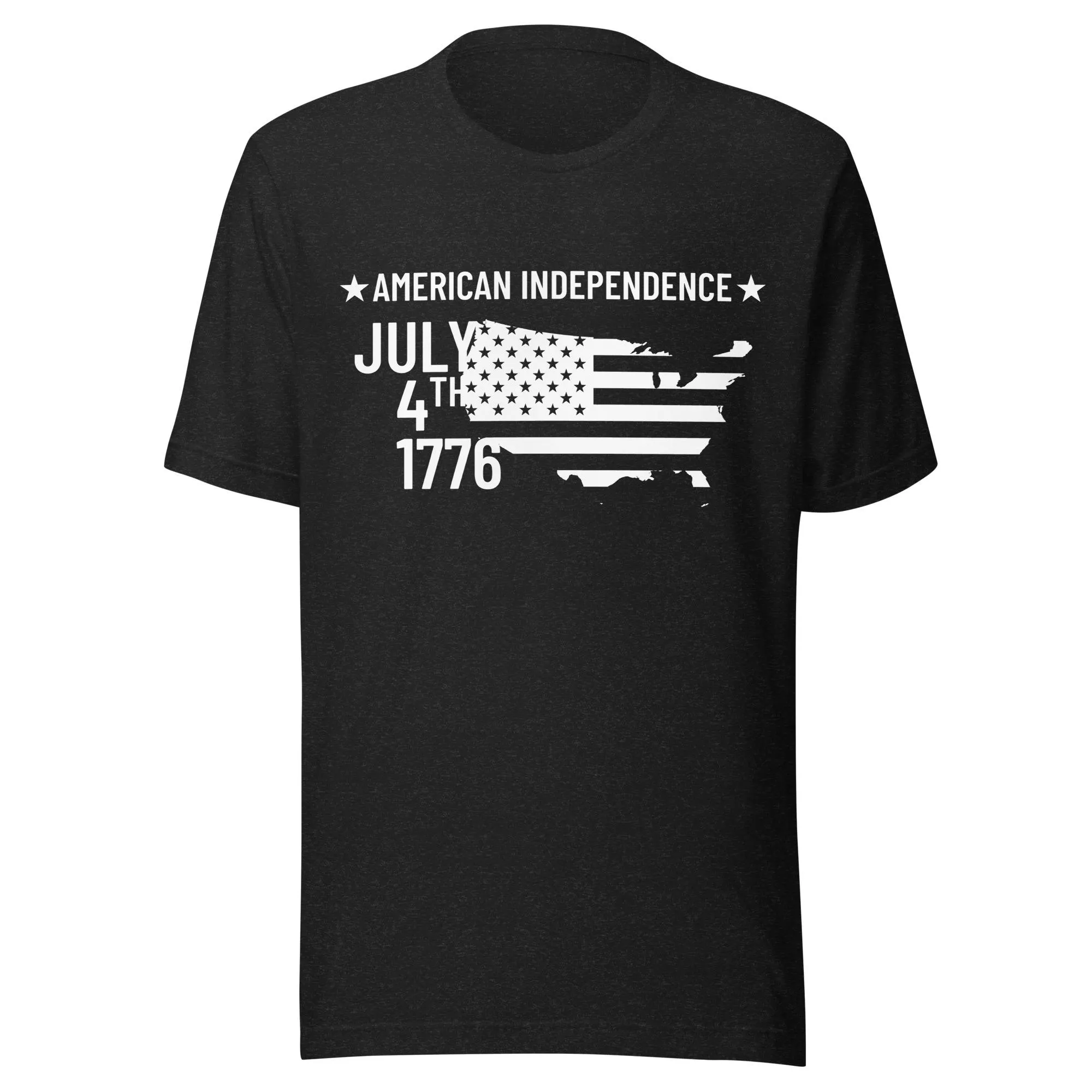 Black T-shirt with white American Independence July 4th 1776 flag artwork