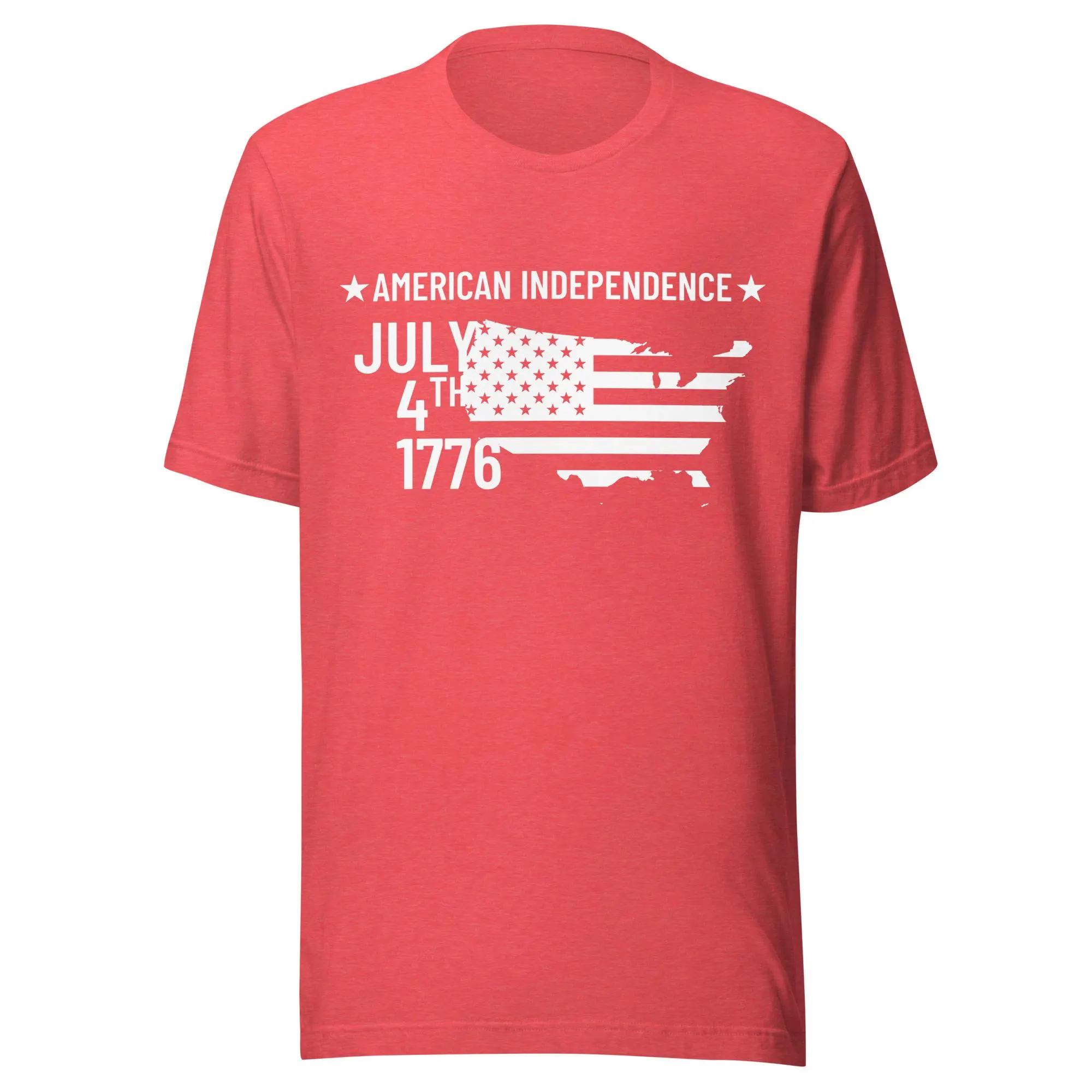Red heather T-shirt with white American Independence July 4th 1776 flag artwork