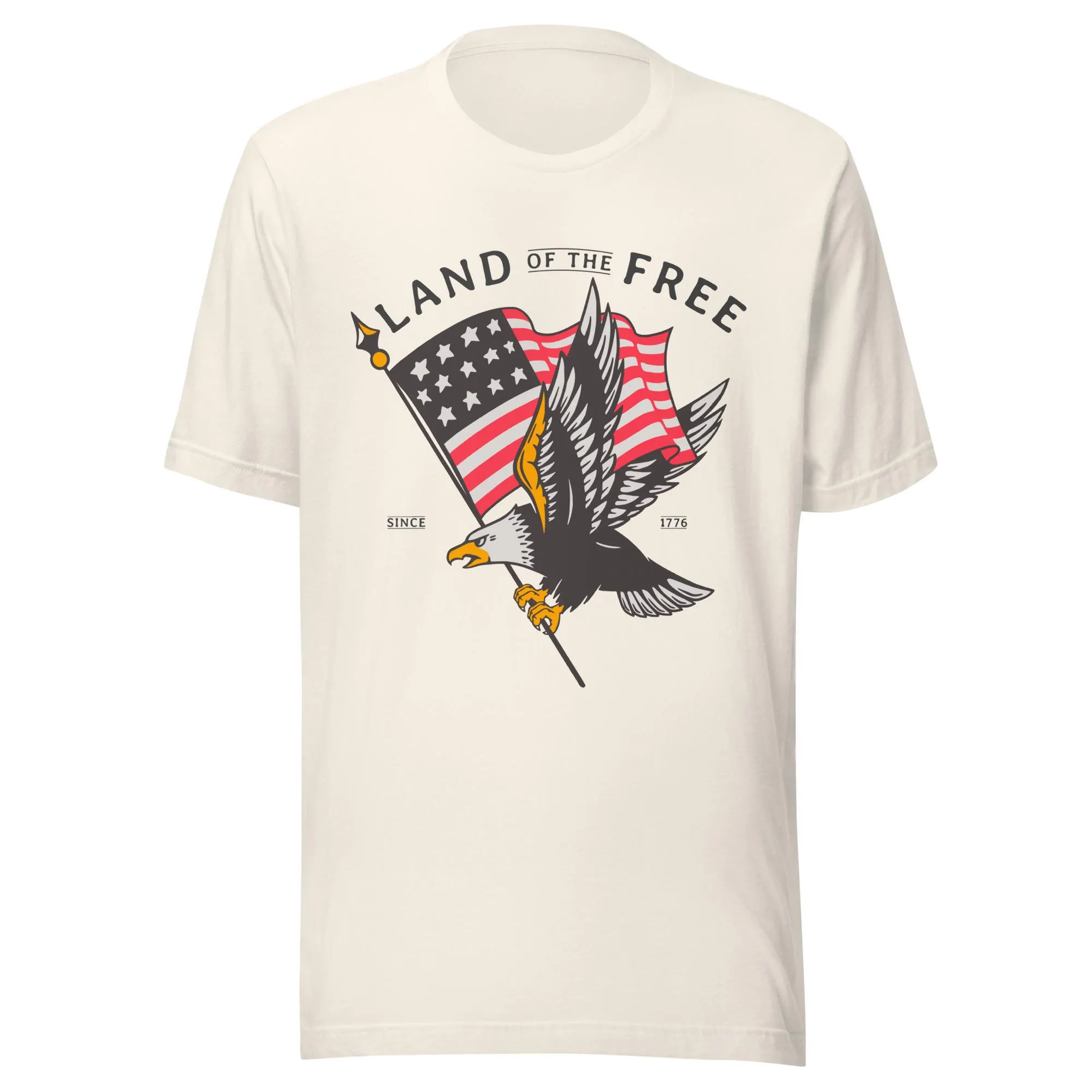 Cream T-shirt with Land of the Free text, an eagle, and an American flag graphic