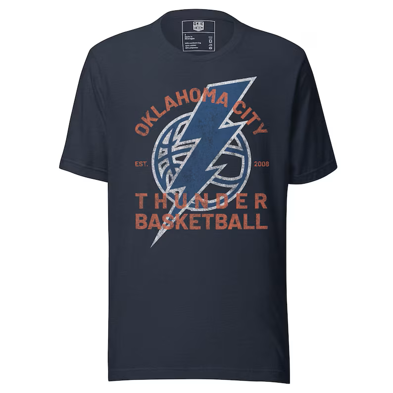 Dark navy T-shirt with Oklahoma City Thunder Basketball text, a basketball, and a lightning bolt