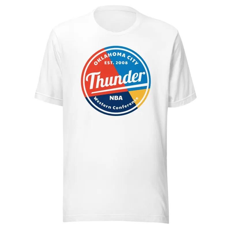 White T-shirt with a colorful circular Oklahoma City Thunder basketball graphic