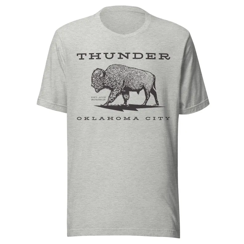 Heather gray T-shirt with Thunder text, a walking bison, and Oklahoma City text