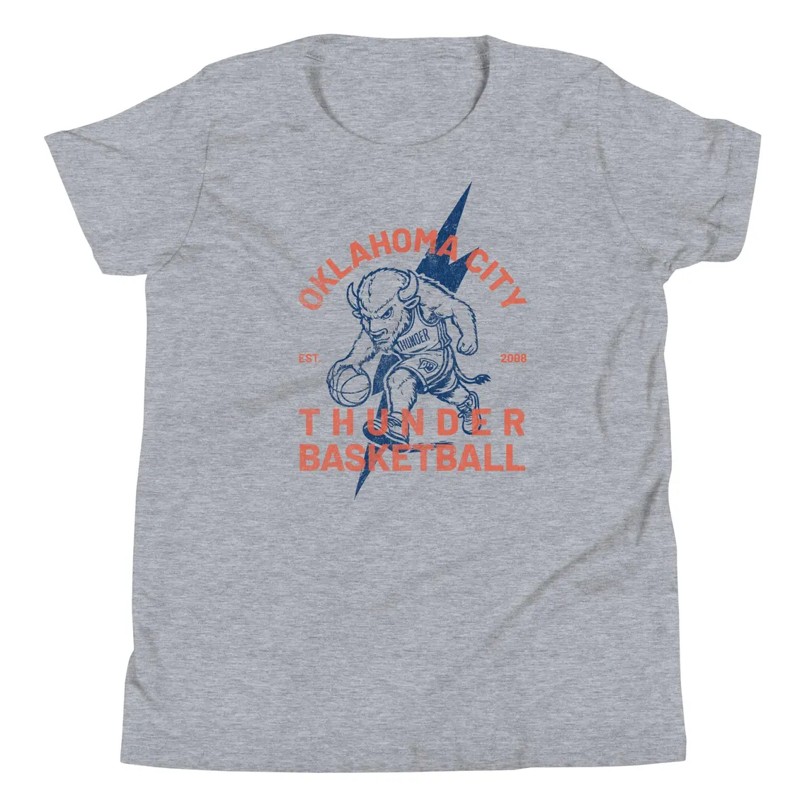 Youth heather gray T-shirt with Oklahoma City Thunder Basketball bison and lightning bolt artwork