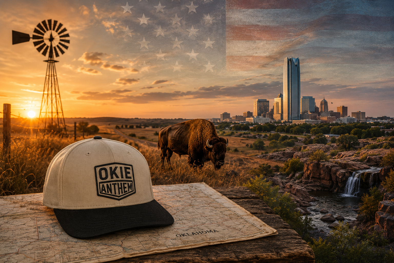 Selection of Okie Anthem hats, shirts, and drinkware